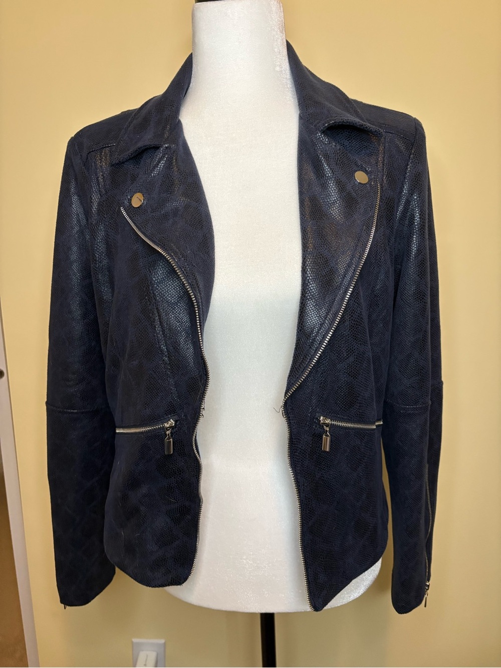 Frank Lyman Design Navy Textured Moto Jacket